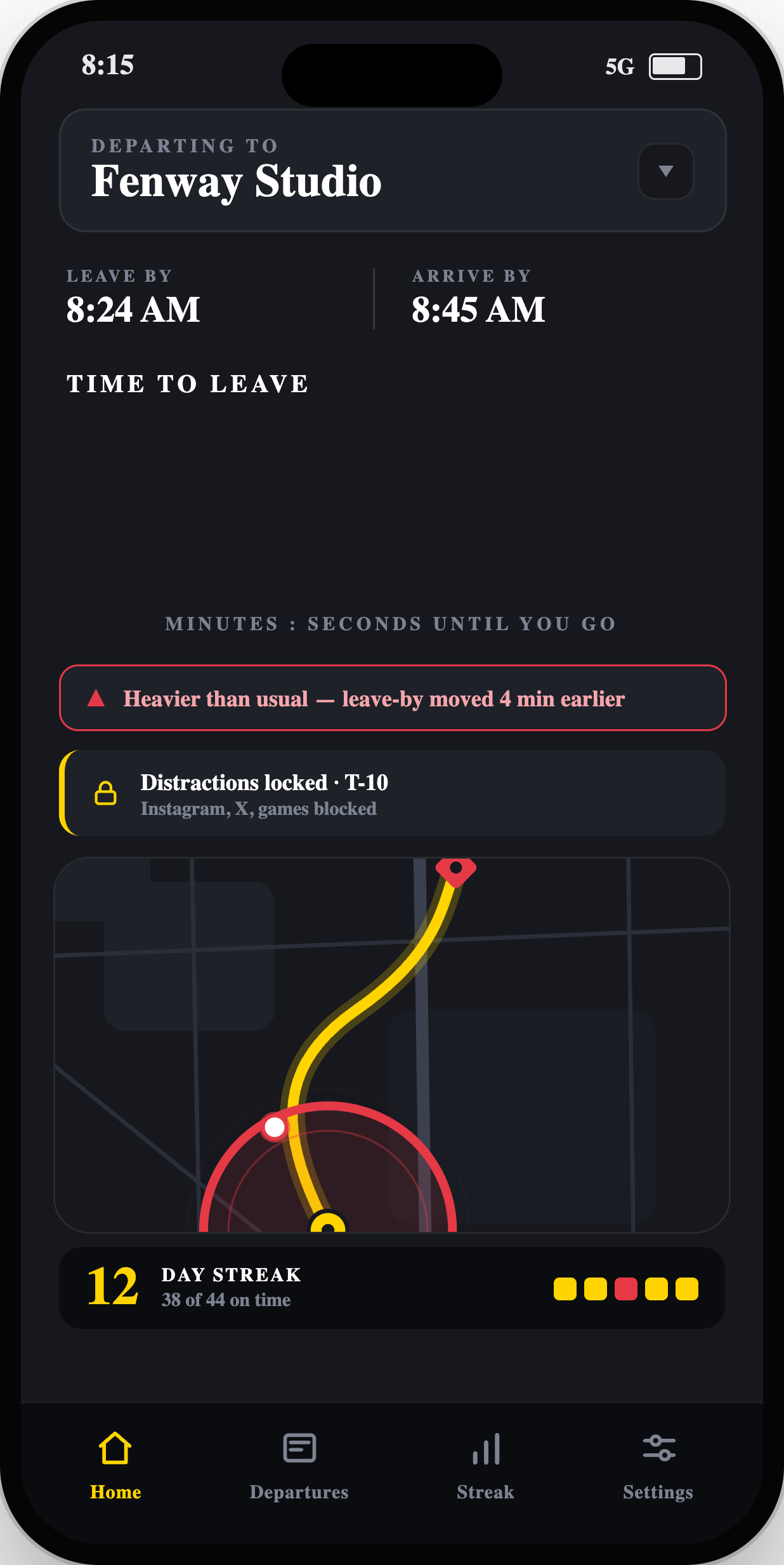 Outset armed home screen — leave-by for Fenway Studio, distractions locked, route on map, 12-day streak